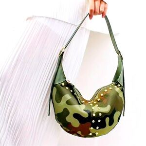 New - Chic - Retro Style Camouflage Pattern Crescent Moon Bag w/Rivet Detail
